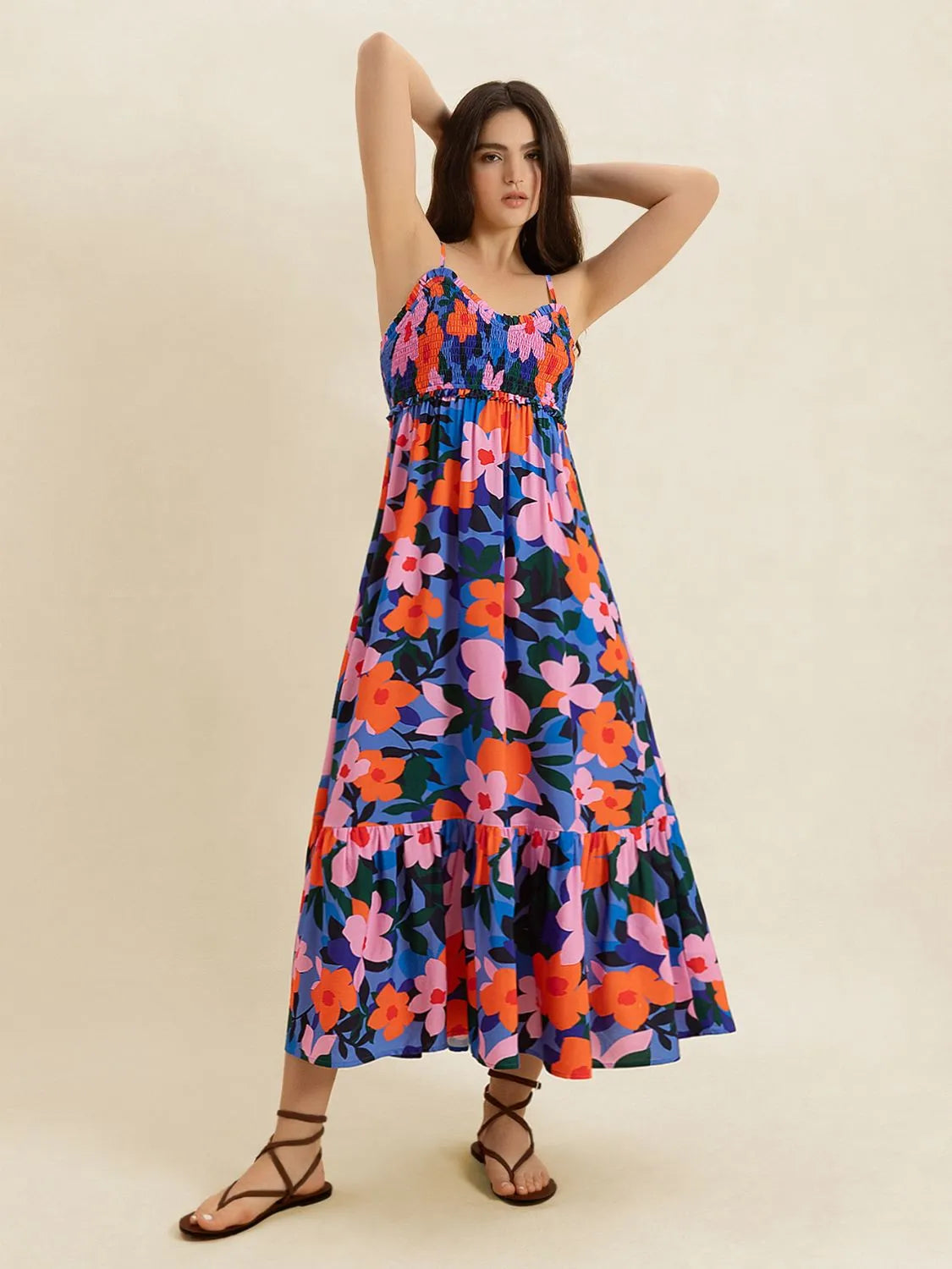 Smocked Back Ruffled Hem Printed Cami Dress.