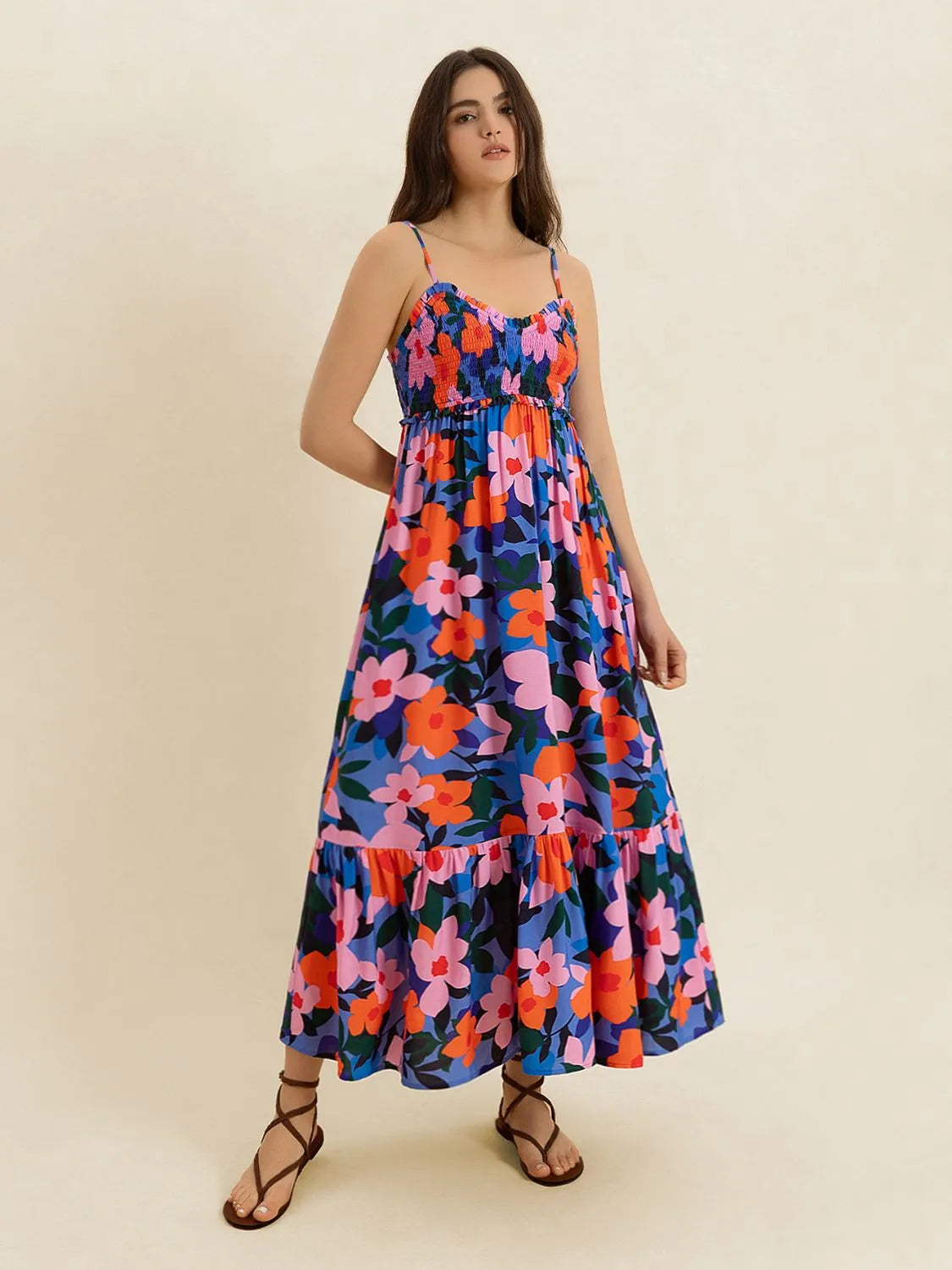 Smocked Back Ruffled Hem Printed Cami Dress.