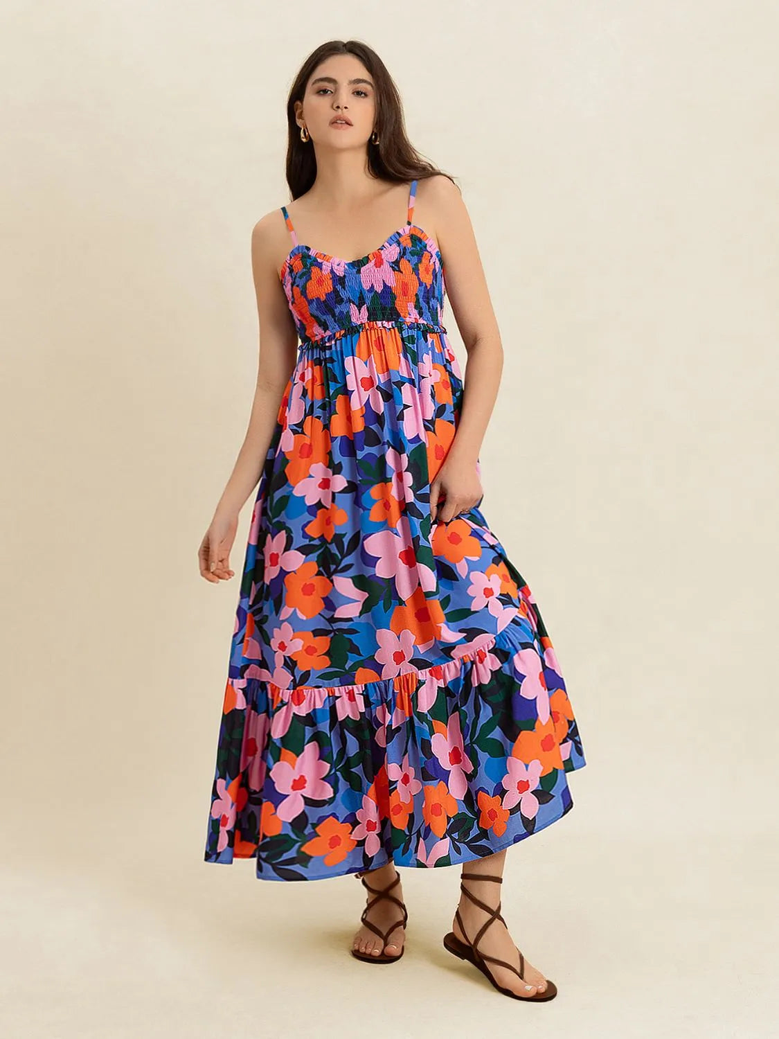 Smocked Back Ruffled Hem Printed Cami Dress.