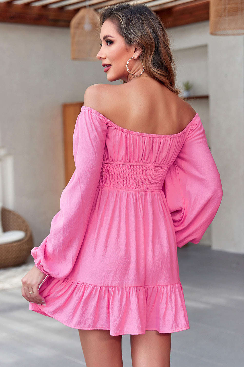 Smocked Balloon Sleeve Off-Shoulder Mini Dress.