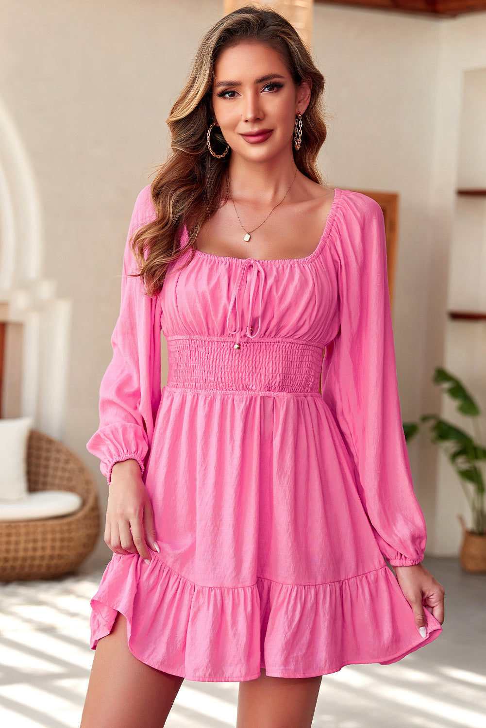 Smocked Balloon Sleeve Off-Shoulder Mini Dress.