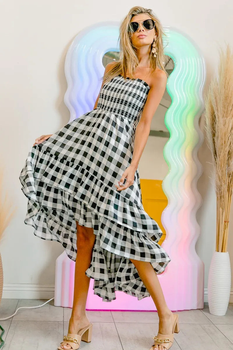 Bibi Smocked Body Off Shoulder Check Dress.