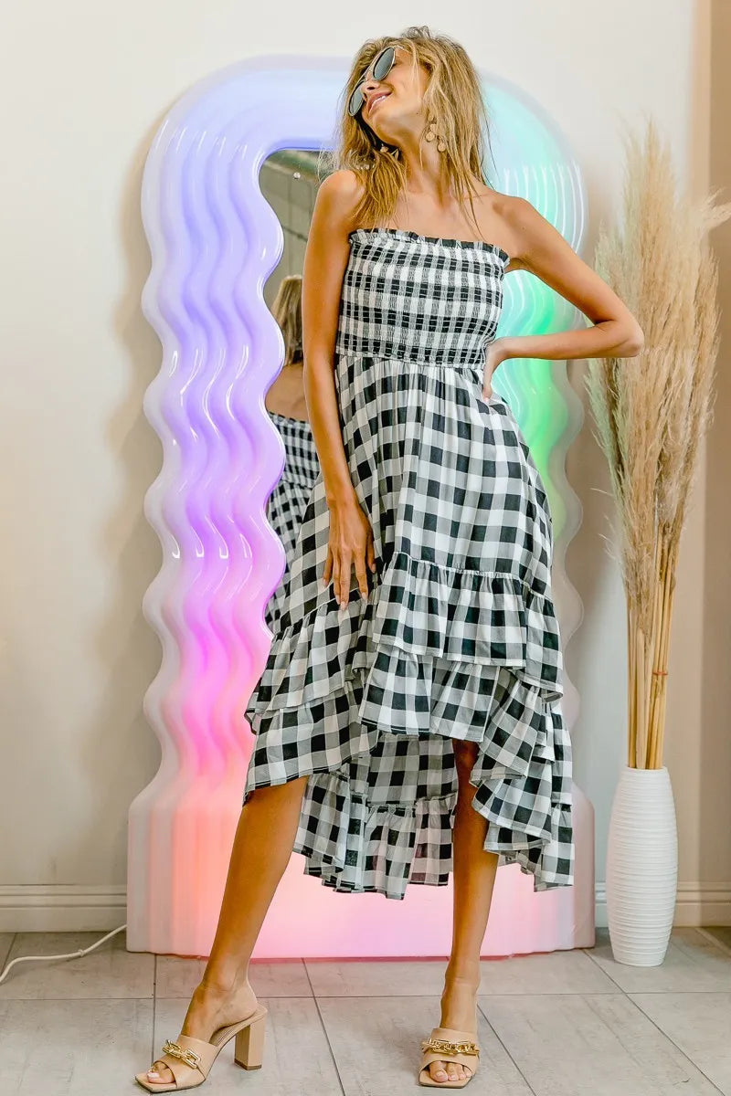 Bibi Smocked Body Off Shoulder Check Dress.