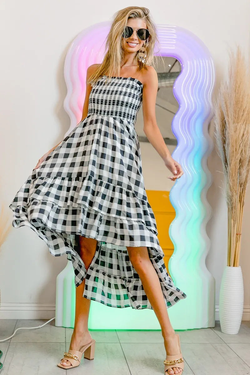 Bibi Smocked Body Off Shoulder Check Dress.