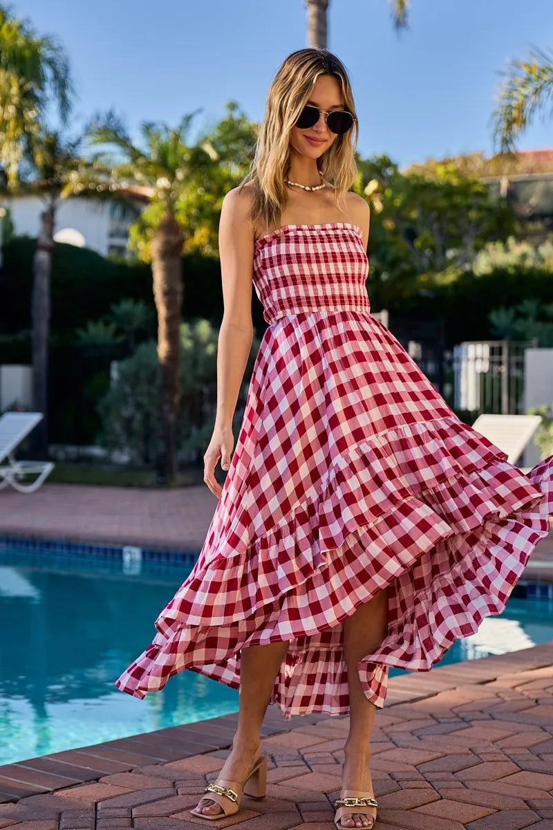 Bibi Smocked Body Off Shoulder Check Dress.