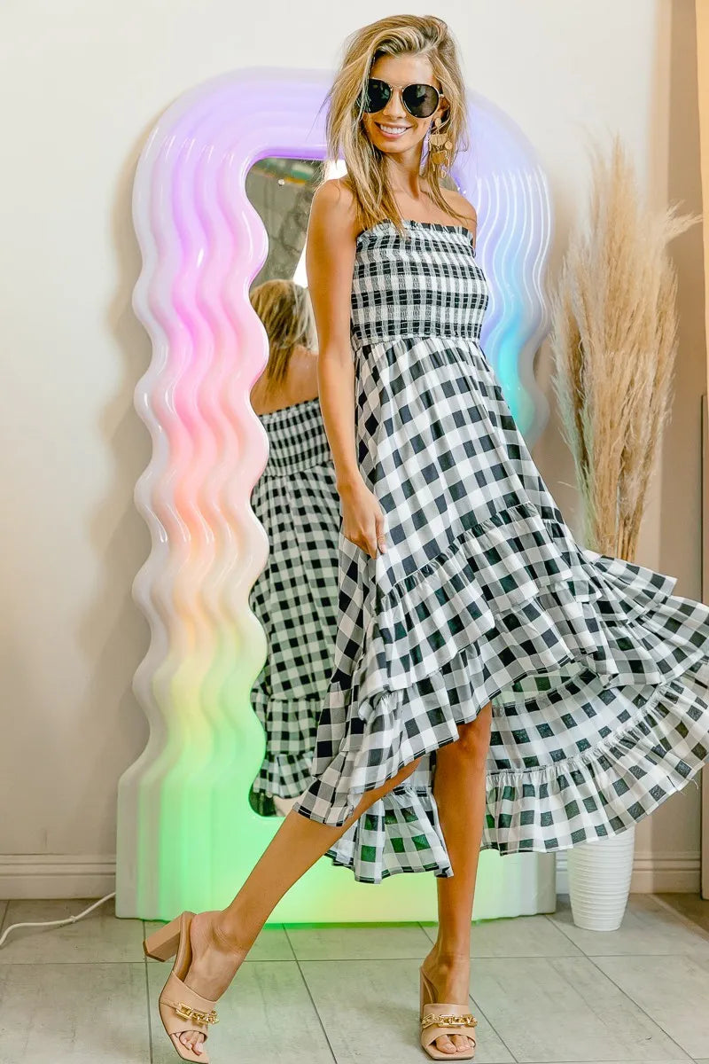 Bibi Smocked Body Off Shoulder Check Dress.