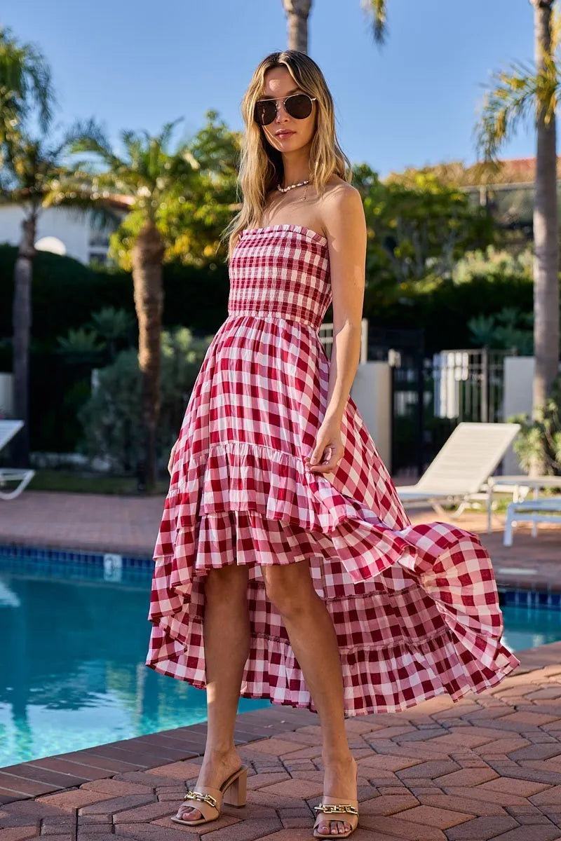 Bibi Smocked Body Off Shoulder Check Dress.