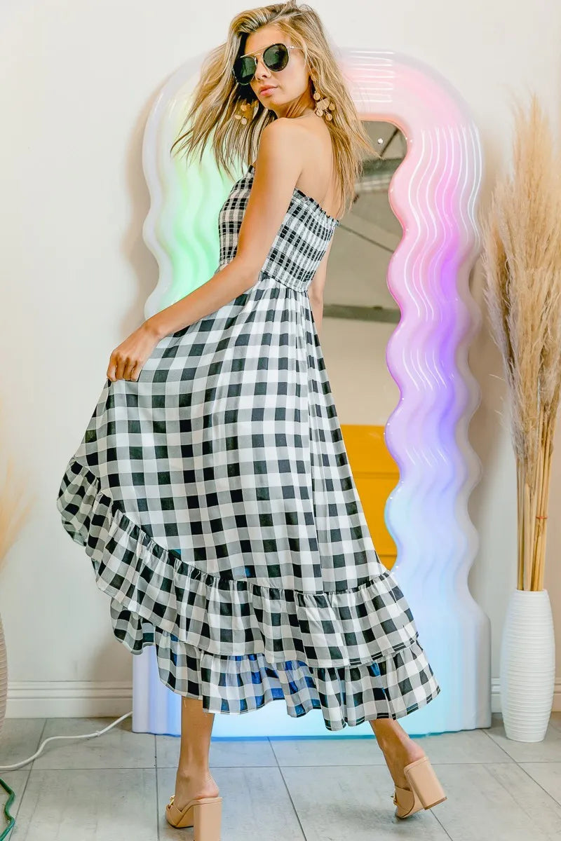 Bibi Smocked Body Off Shoulder Check Dress.