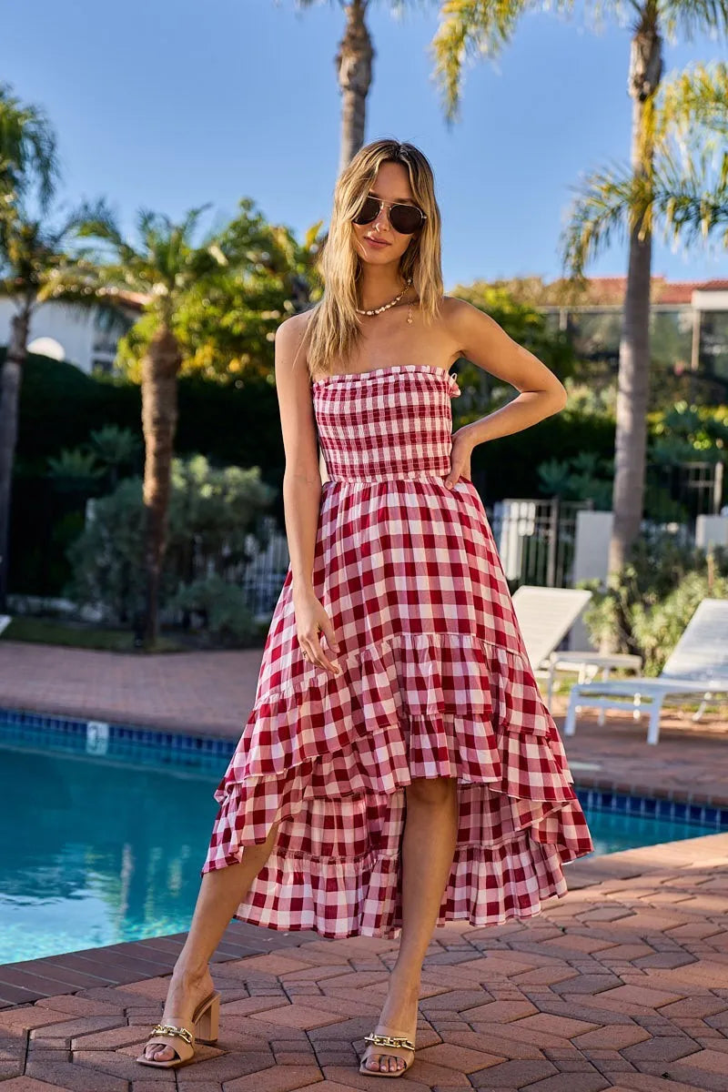 Bibi Smocked Body Off Shoulder Check Dress.