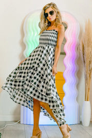 Bibi Smocked Body Off Shoulder Check Dress.