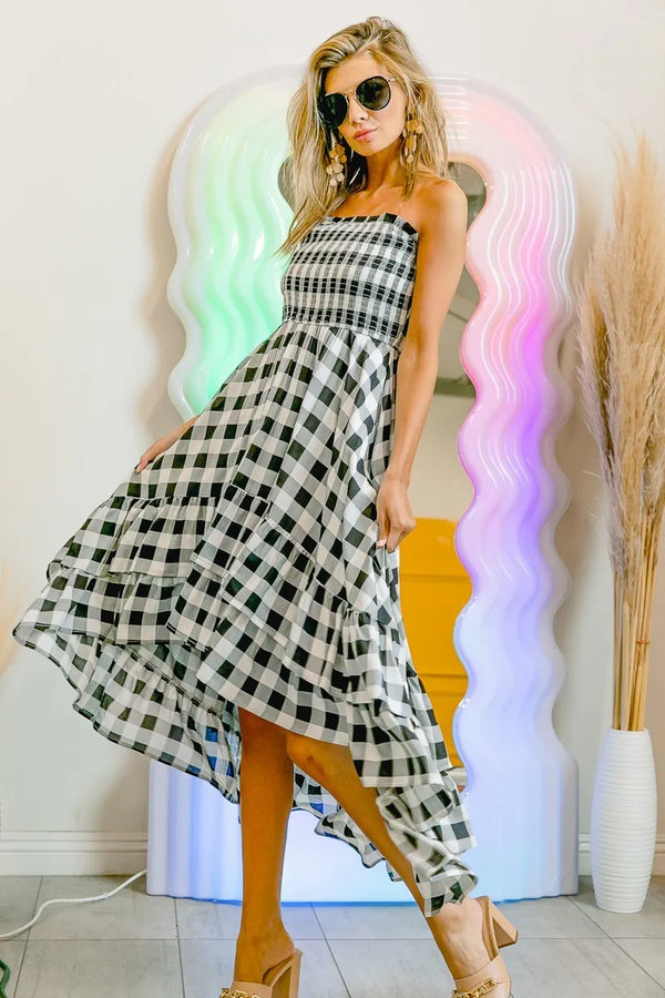 Bibi Smocked Body Off Shoulder Check Dress.
