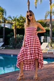 Bibi Smocked Body Off Shoulder Check Dress.