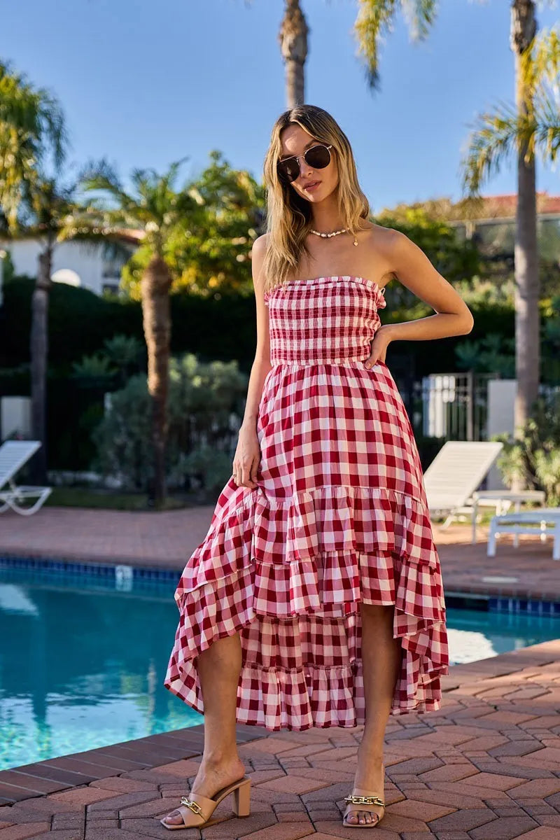 Bibi Smocked Body Off Shoulder Check Dress.