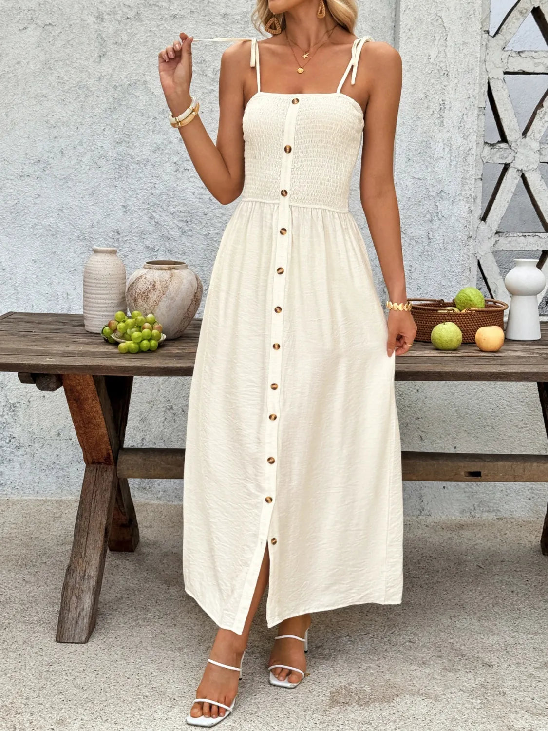 Smocked Button Front Tie Shoulder Dress.