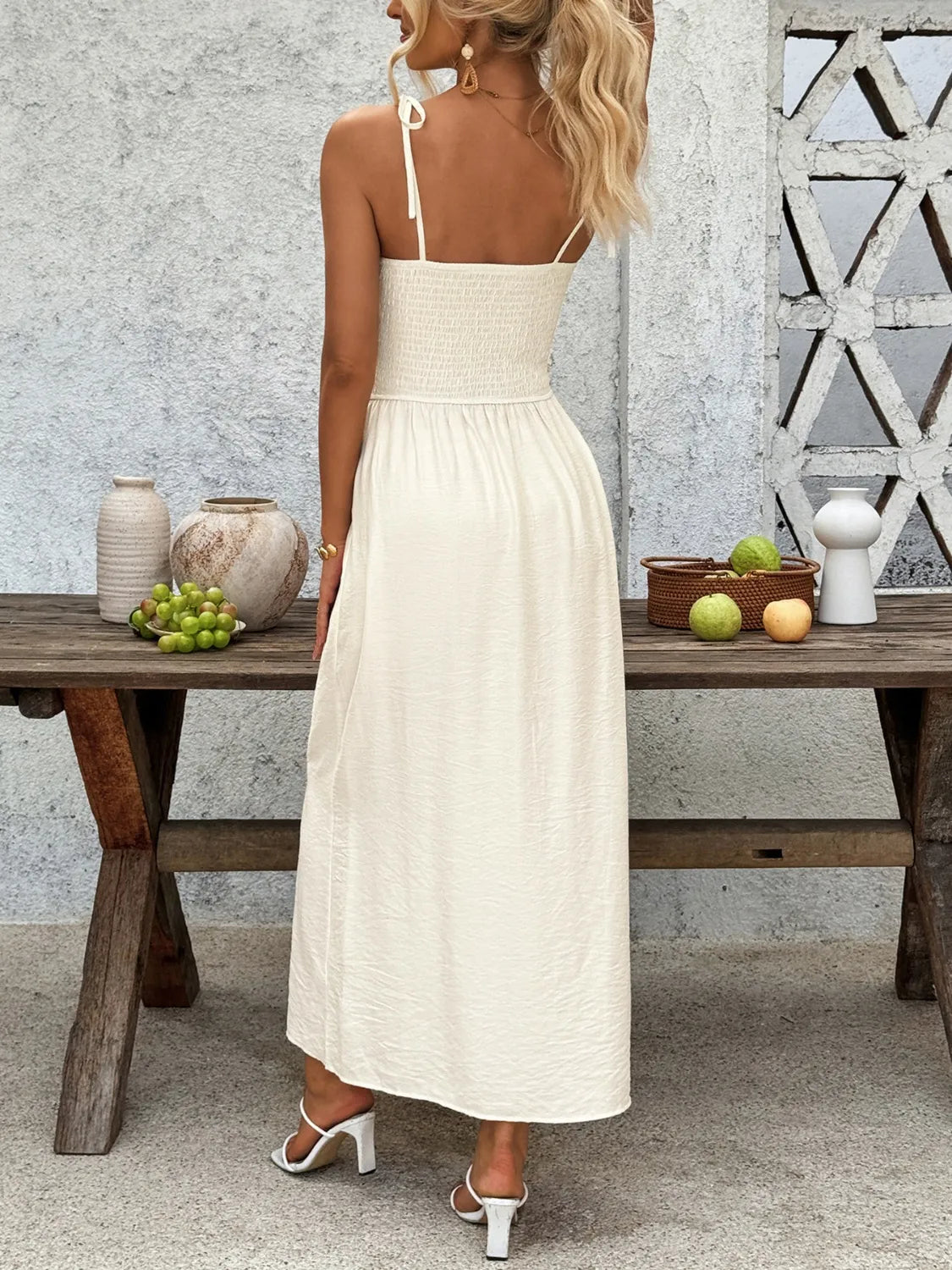 Smocked Button Front Tie Shoulder Dress.