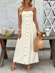 Smocked Button Front Tie Shoulder Dress.