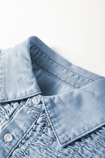 Smocked Collared Neck Cap Sleeve Denim Dress.