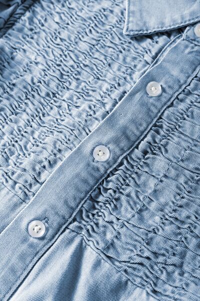 Smocked Collared Neck Cap Sleeve Denim Dress.