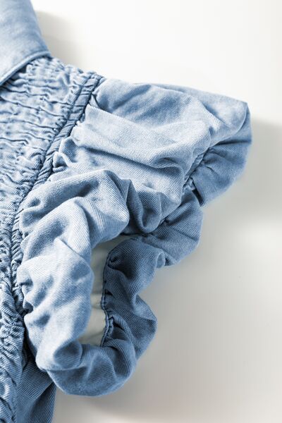 Smocked Collared Neck Cap Sleeve Denim Dress.