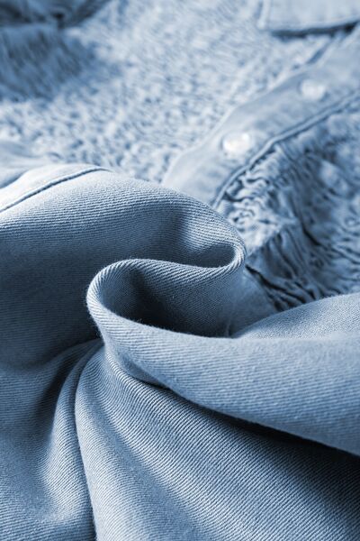 Smocked Collared Neck Cap Sleeve Denim Dress.