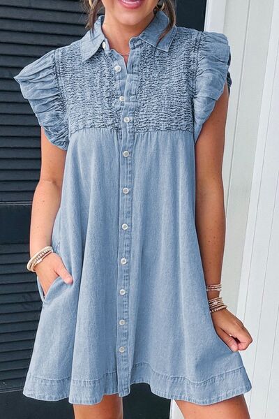 Smocked Collared Neck Cap Sleeve Denim Dress.