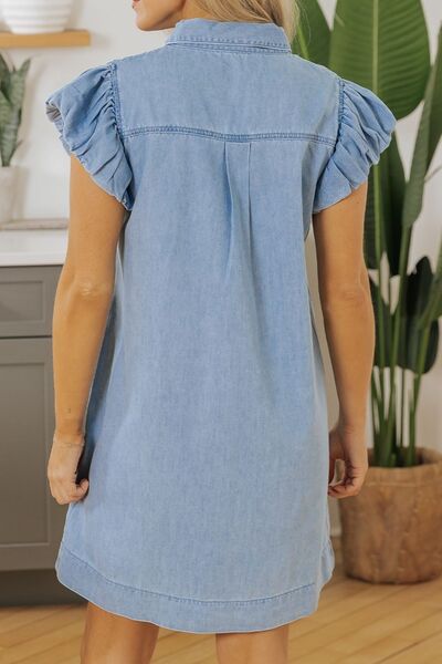 Smocked Collared Neck Cap Sleeve Denim Dress.