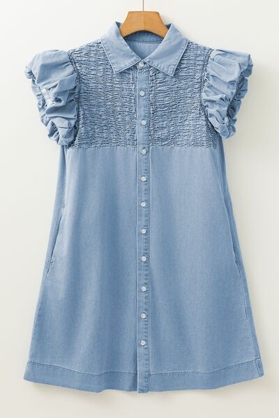 Smocked Collared Neck Cap Sleeve Denim Dress.