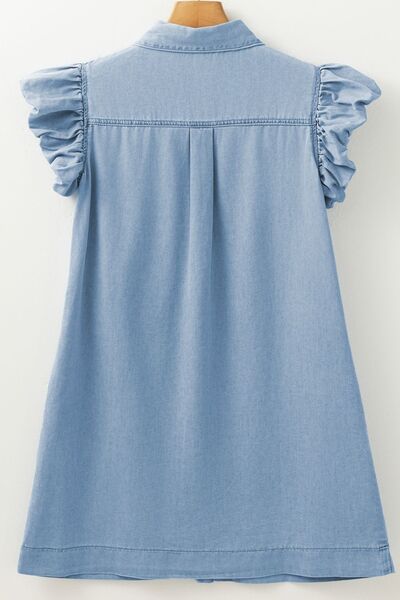 Smocked Collared Neck Cap Sleeve Denim Dress.