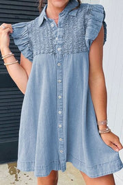 Smocked Collared Neck Cap Sleeve Denim Dress.