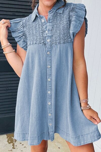 Smocked Collared Neck Cap Sleeve Denim Dress.