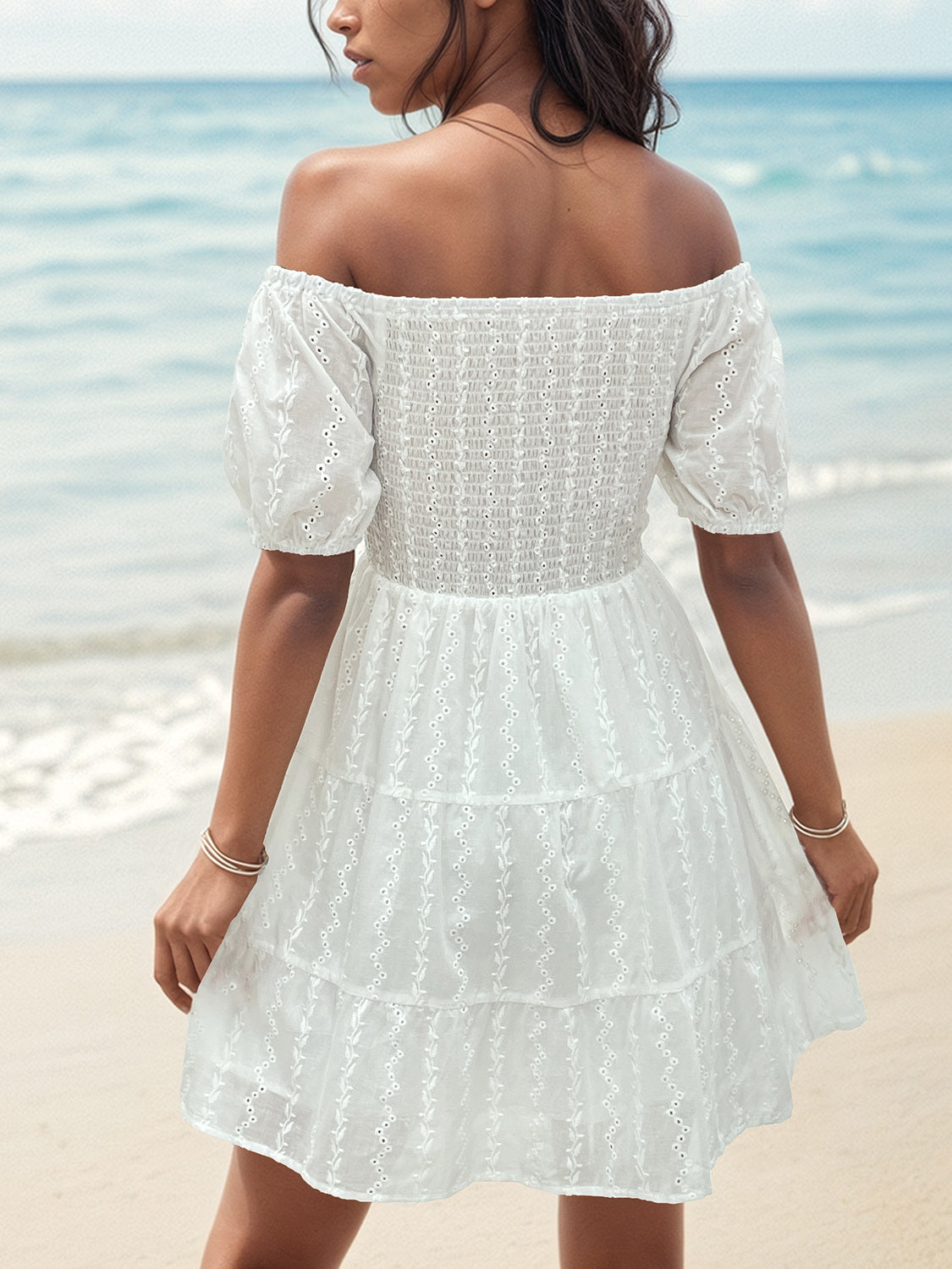 Perfee Smocked Eyelet Off-Shoulder Mini Dress.