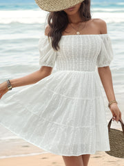 Perfee Smocked Eyelet Off-Shoulder Mini Dress.