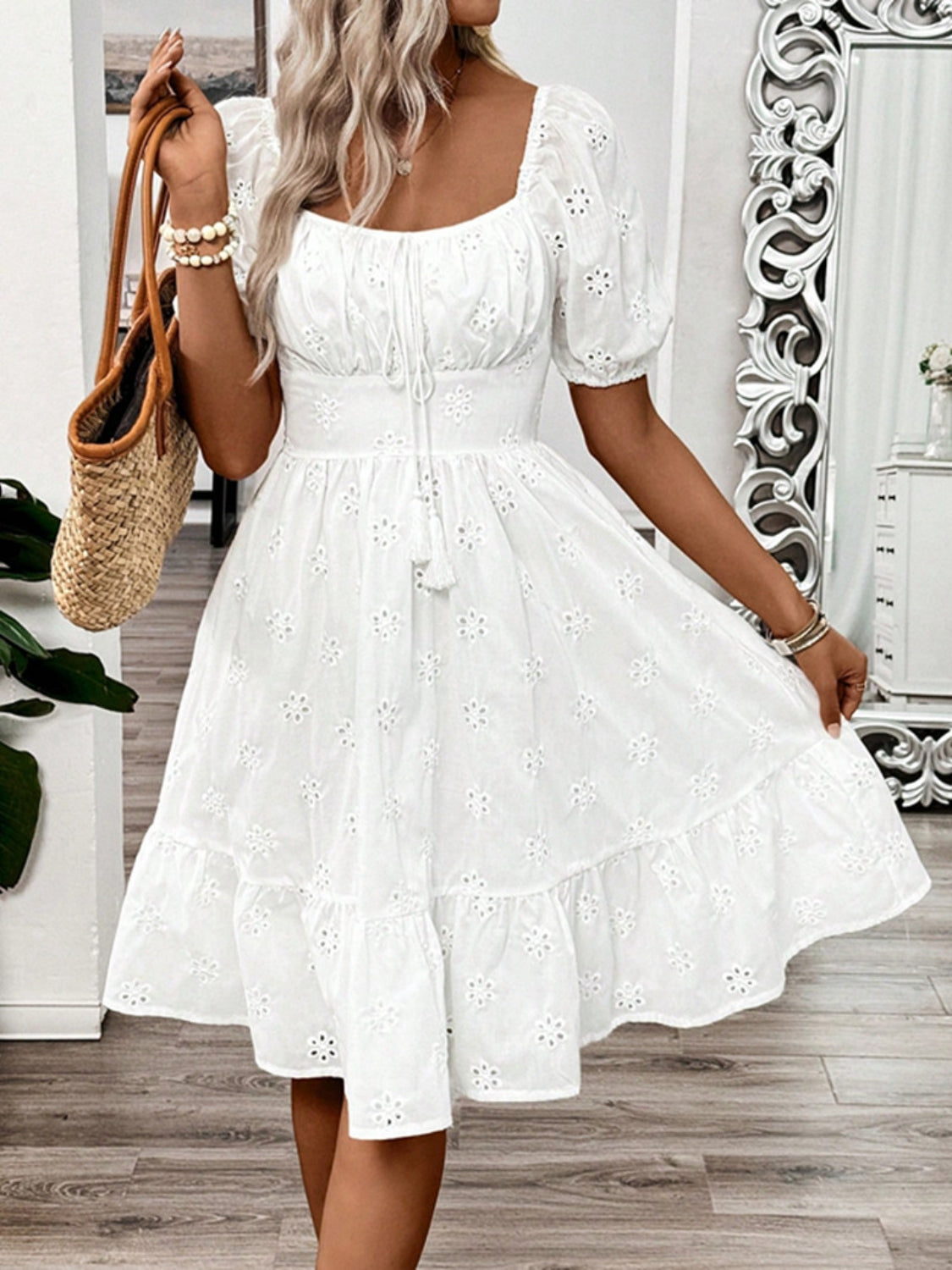 Smocked Eyelet Square Neck Puff Sleeve Mini Dress.