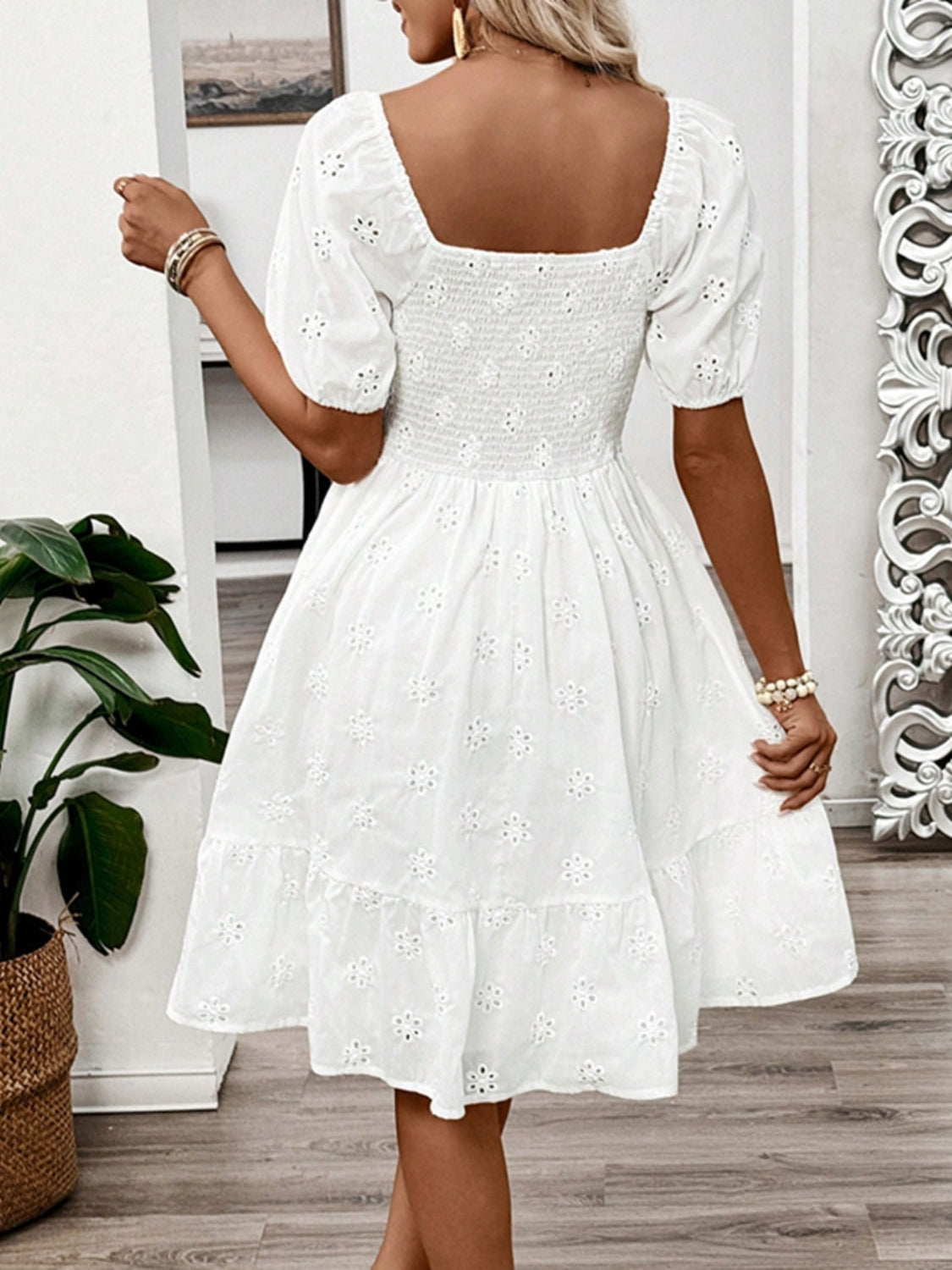 Smocked Eyelet Square Neck Puff Sleeve Mini Dress.