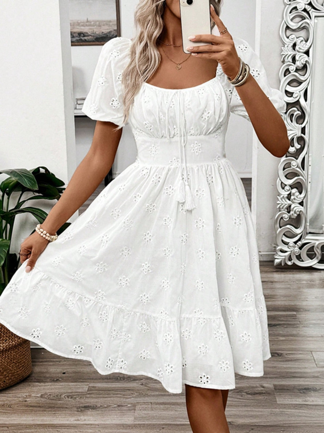 Smocked Eyelet Square Neck Puff Sleeve Mini Dress.