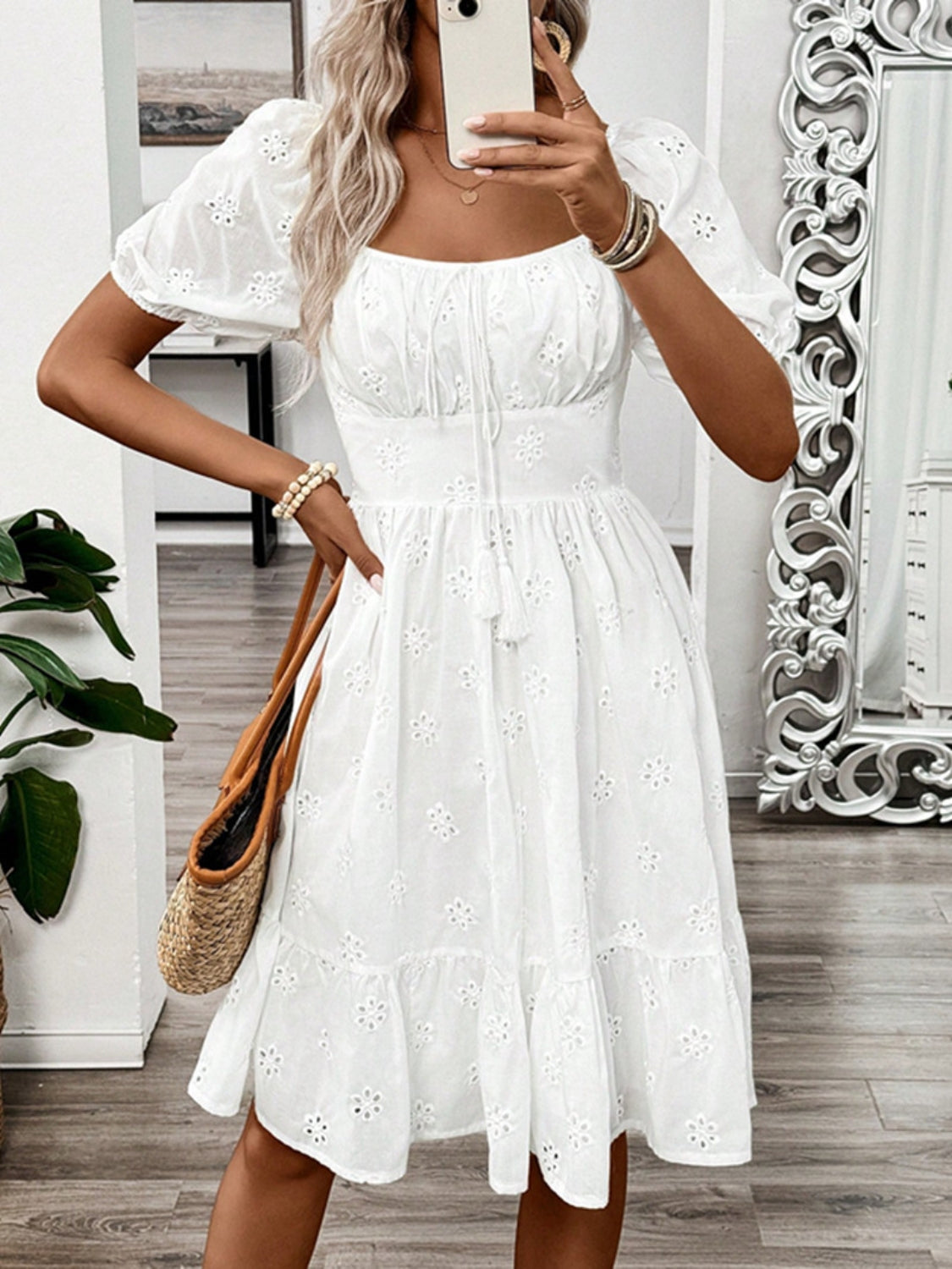 Smocked Eyelet Square Neck Puff Sleeve Mini Dress.