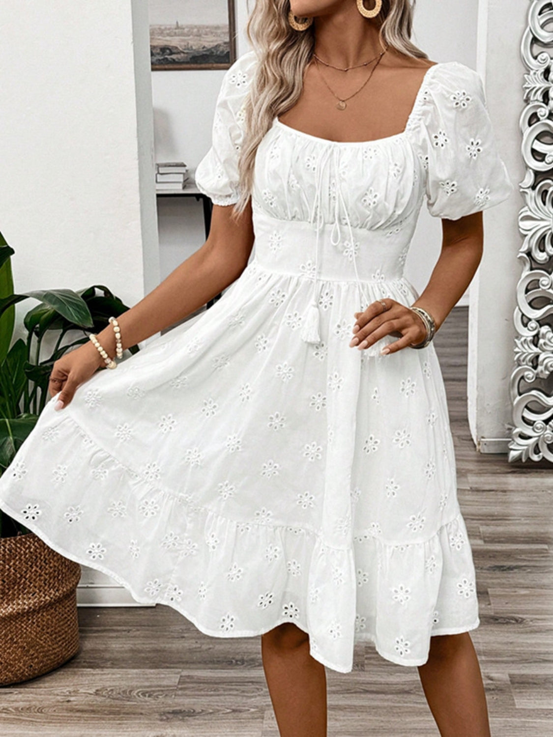 Smocked Eyelet Square Neck Puff Sleeve Mini Dress.