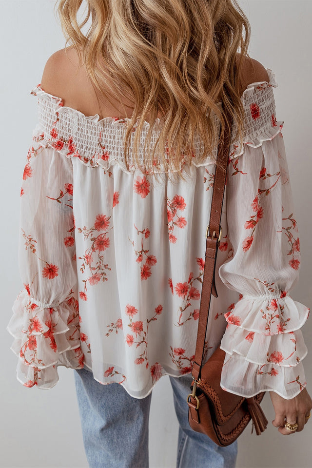 Smocked Floral Off-Shoulder Flounce Sleeve Blouse.