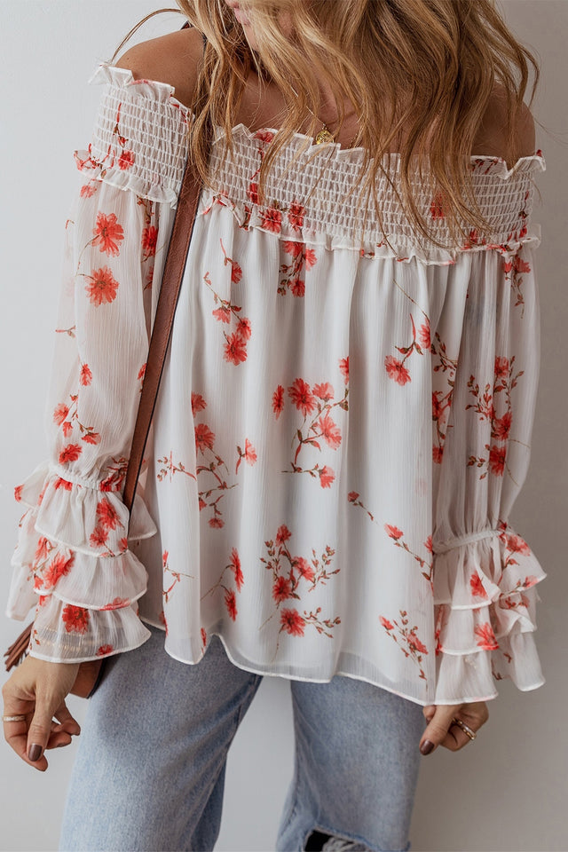 Smocked Floral Off-Shoulder Flounce Sleeve Blouse.