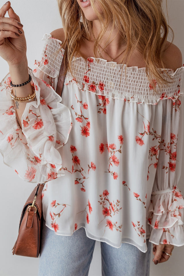 Smocked Floral Off-Shoulder Flounce Sleeve Blouse.