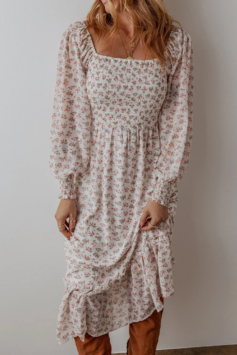 Smocked Floral Square Neck Long Sleeve Midi Dress.