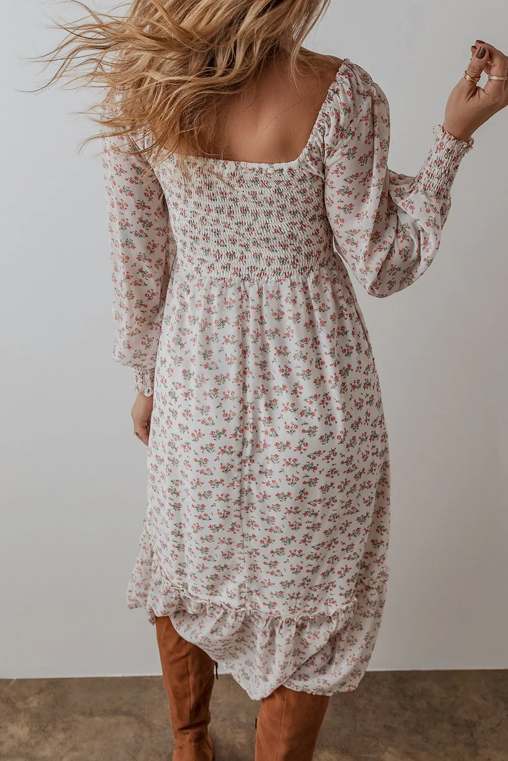 Smocked Floral Square Neck Long Sleeve Midi Dress.