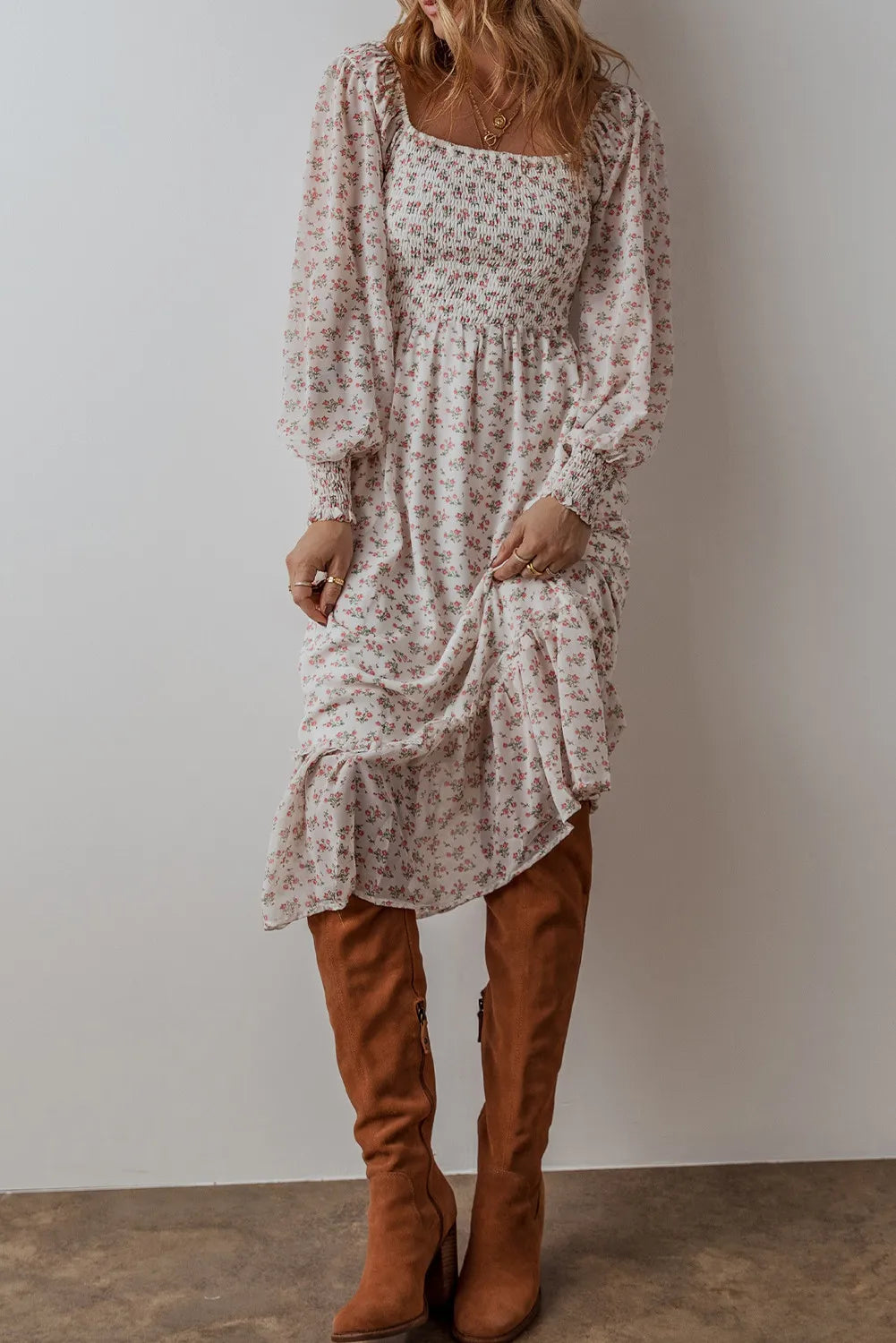 Smocked Floral Square Neck Long Sleeve Midi Dress.