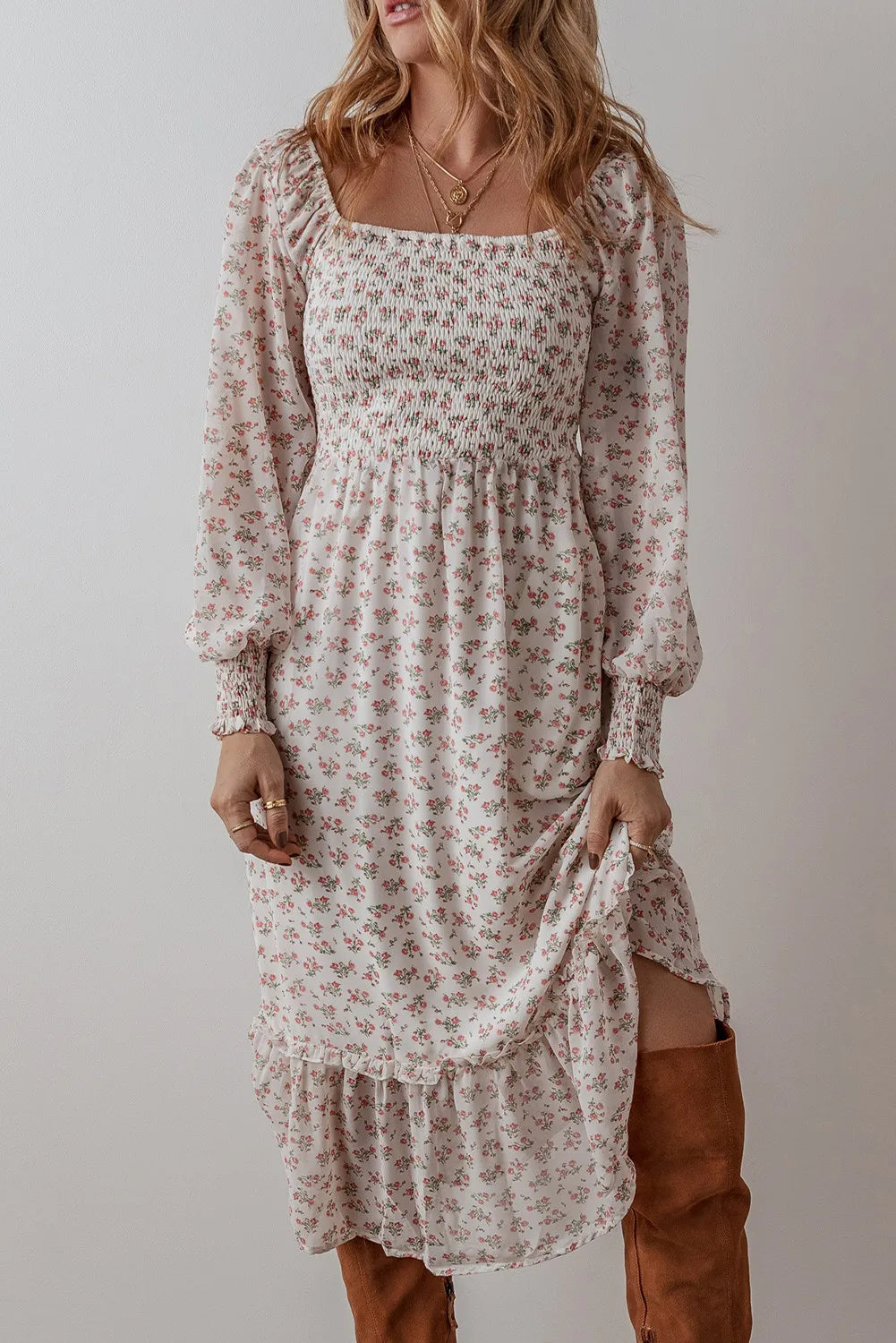 Smocked Floral Square Neck Long Sleeve Midi Dress.
