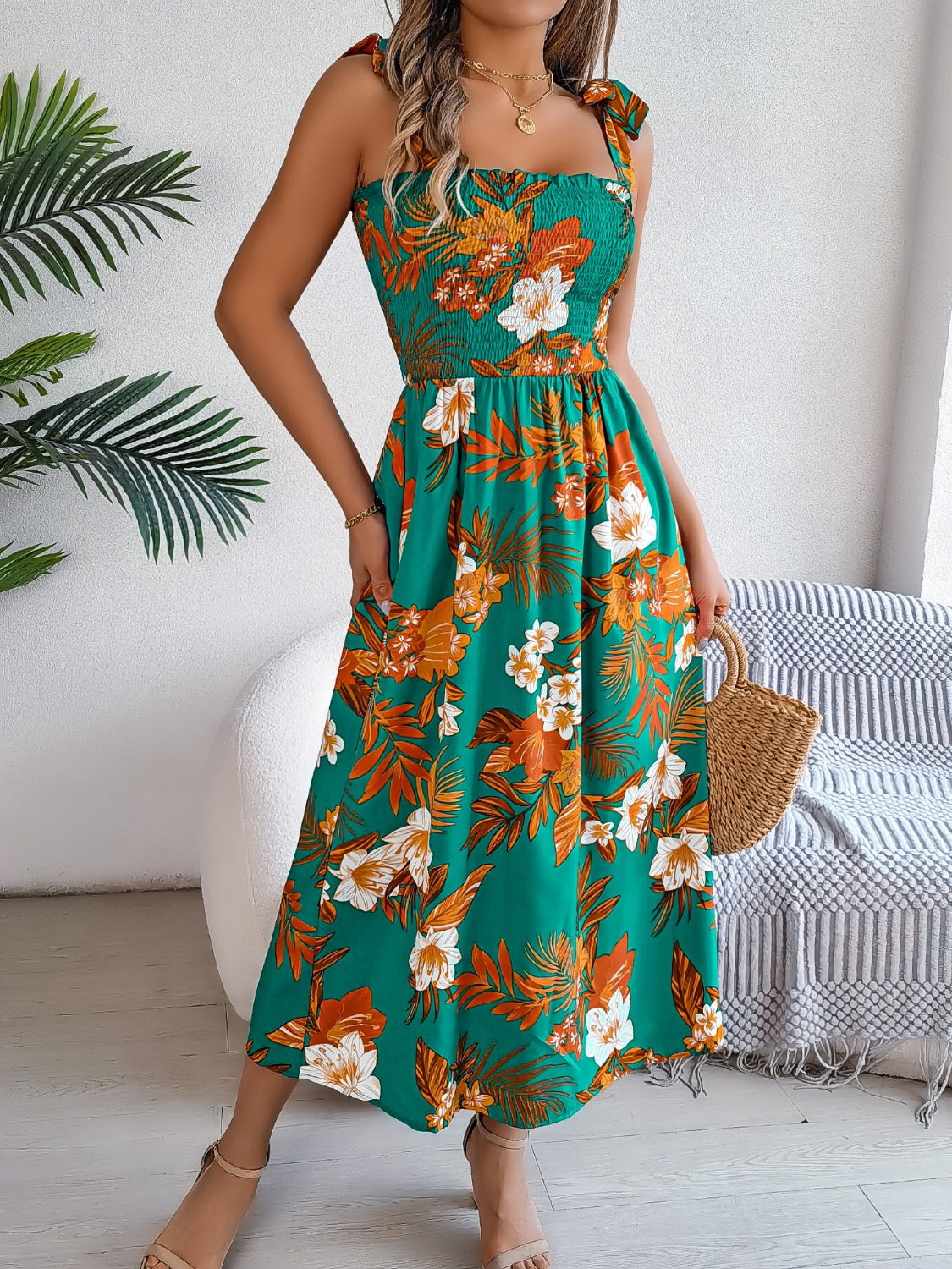 Smocked Floral Tie Shoulder Cami Dress.