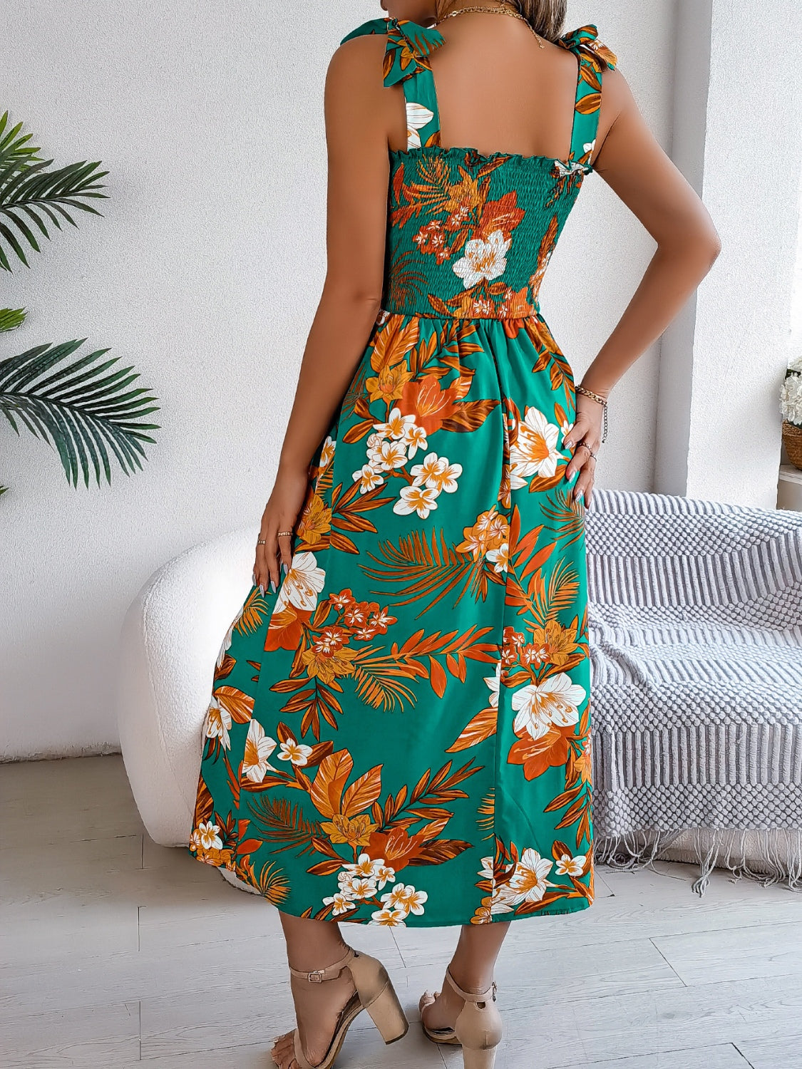 Smocked Floral Tie Shoulder Cami Dress.