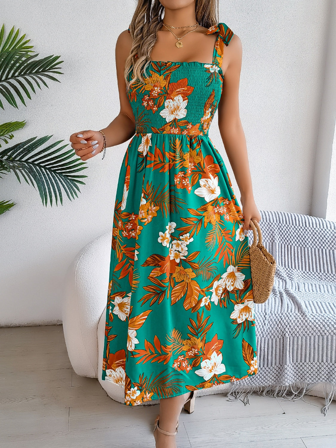 Smocked Floral Tie Shoulder Cami Dress.
