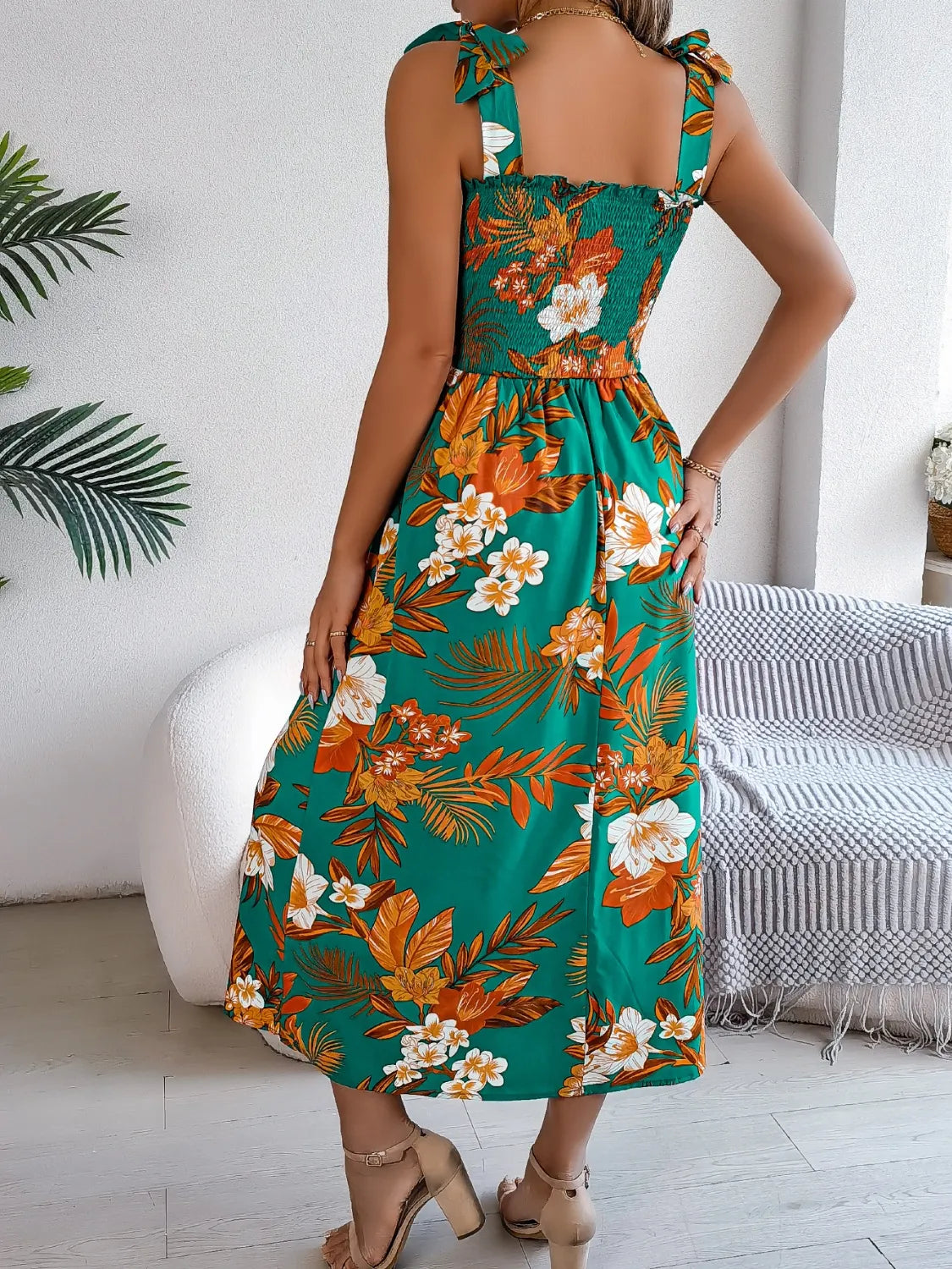 Smocked Floral Tie Shoulder Midi Dress.