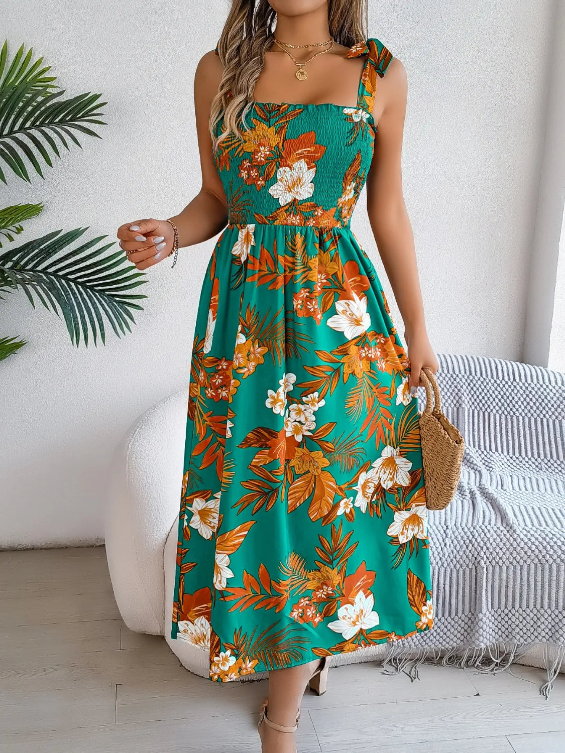 Smocked Floral Tie Shoulder Midi Dress.