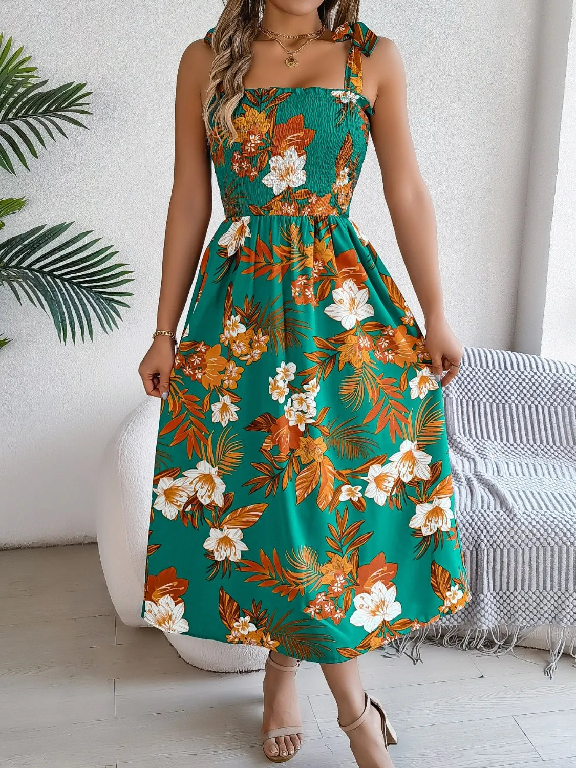 Smocked Floral Tie Shoulder Midi Dress.